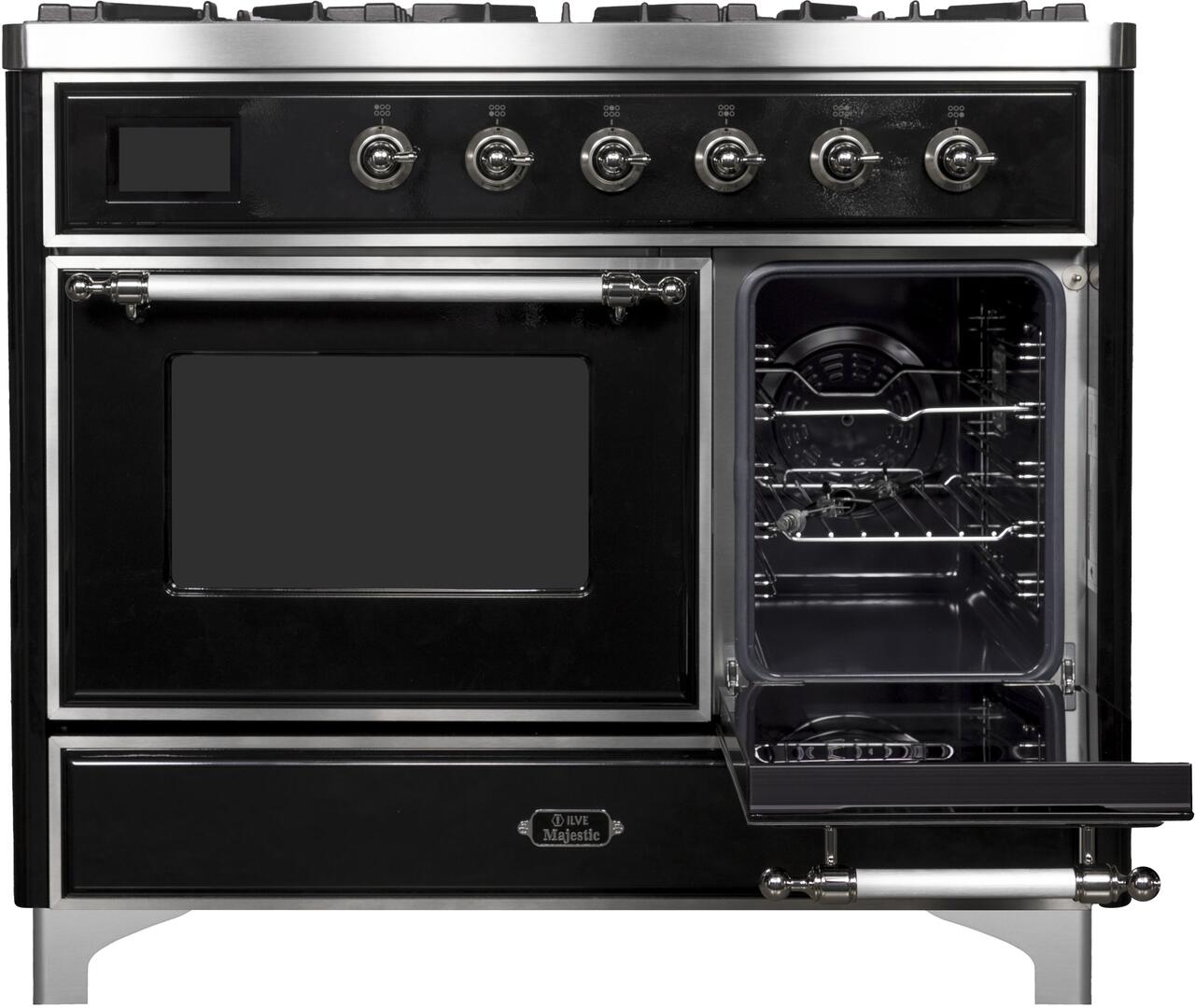 Majestic II 40 Inch Dual Fuel Natural Gas Freestanding Range in Glossy Black with Chrome Trim