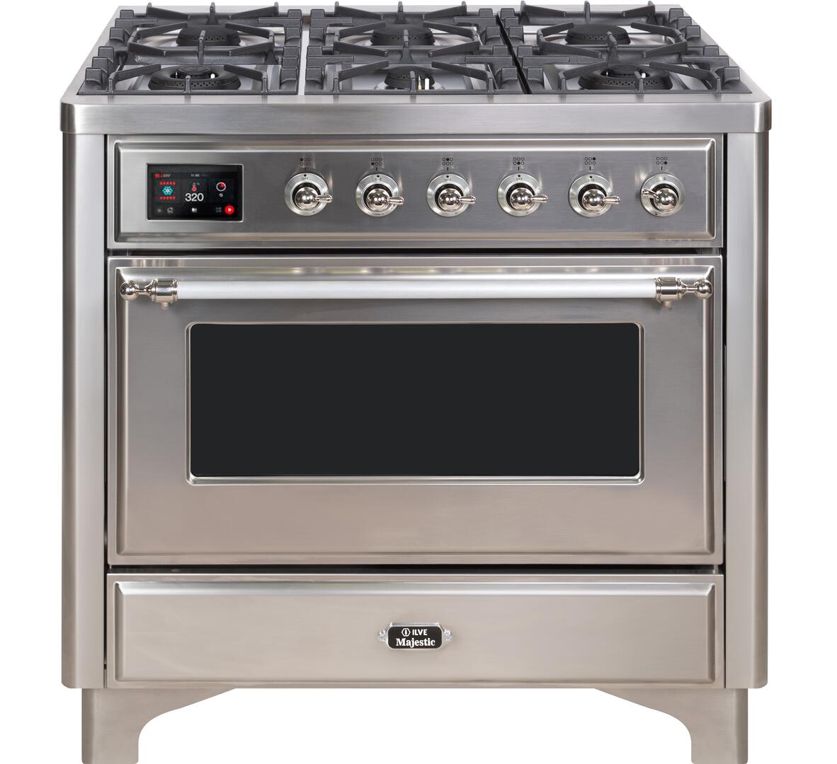 Majestic II 36 Inch Dual Fuel Liquid Propane Freestanding Range in Stainless Steel with Chrome Trim