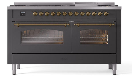 Nostalgie II 60 Inch Dual Fuel Natural Gas Freestanding Range in Matte Graphite with Brass Trim