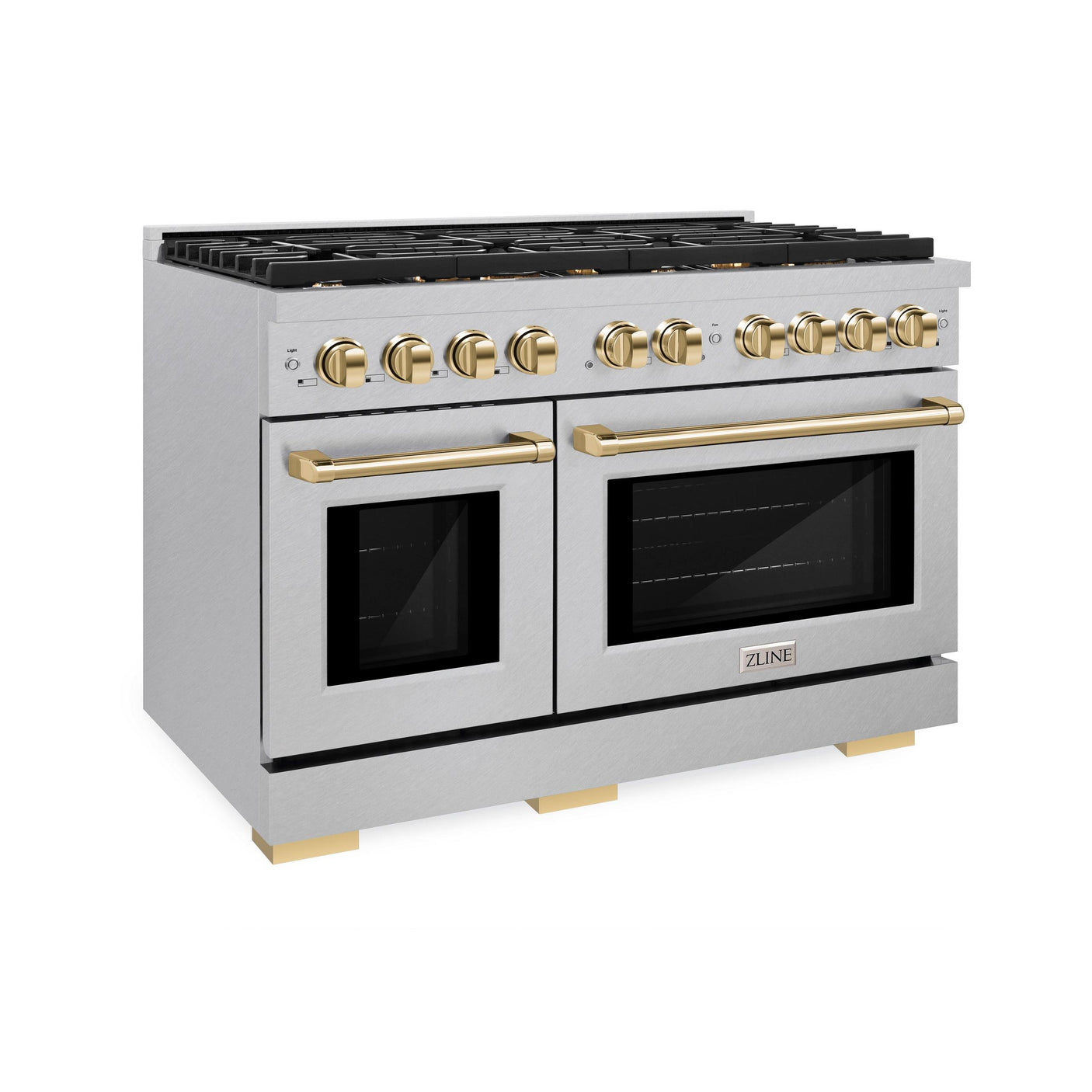 ZLINE Autograph Edition 48 in. 6.7 cu. ft. 8 Burner Double Oven Gas Range in DuraSnow' Stainless Steel and Polished Gold Accents (SGRSZ-48-G)