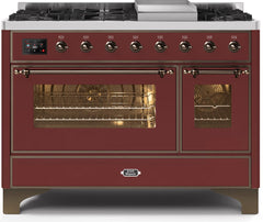 Majestic II 48 Inch Dual Fuel Natural Gas Freestanding Range in Burgundy with Bronze Trim