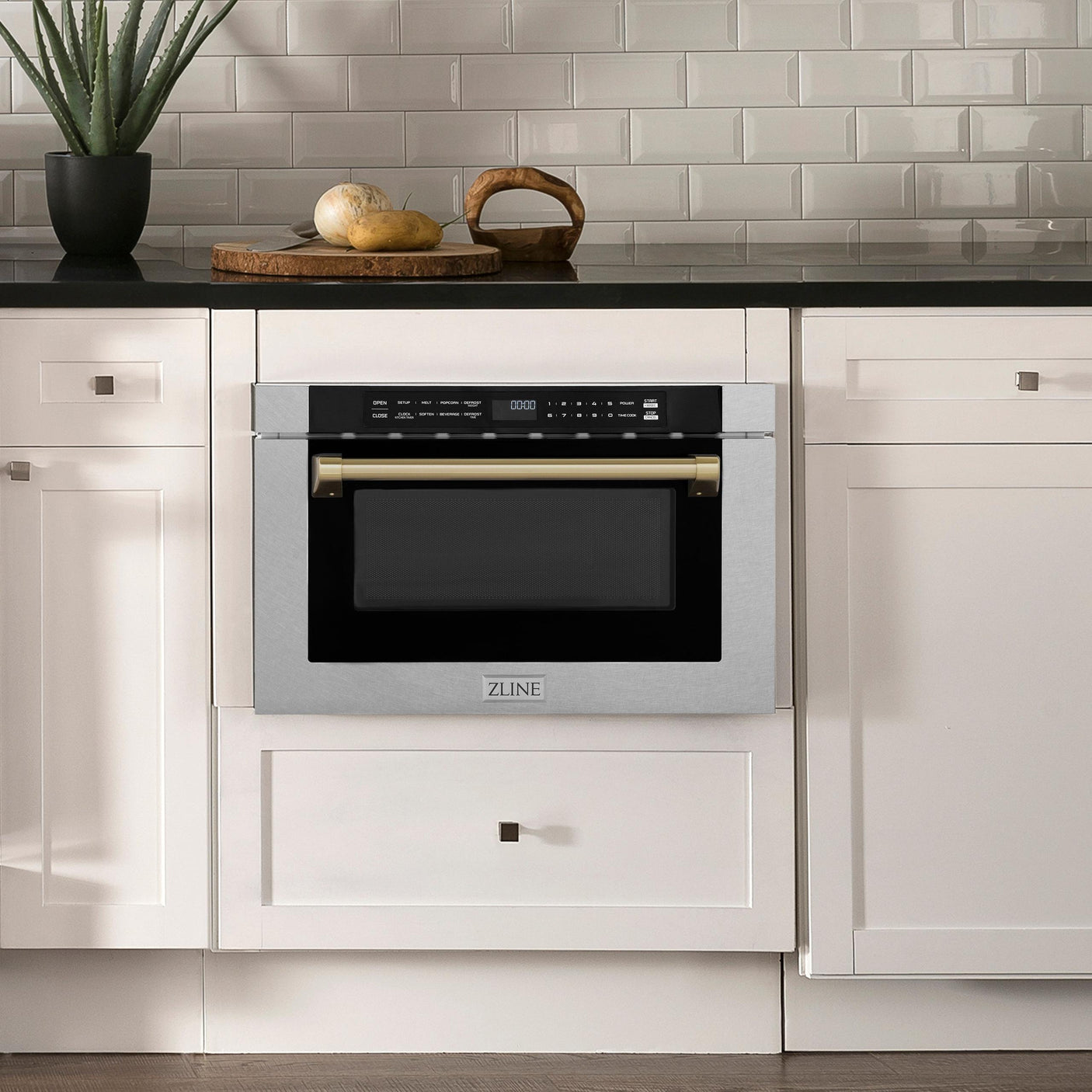 ZLINE Autograph Edition 24" 1.2 cu. ft. Built-in Microwave Drawer with a Traditional Handle in DuraSnow and Champagne Bronze Accents (MWDZ-1-SS-H-CB)