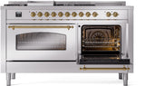 Nostalgie II 60 Inch Dual Fuel Natural Gas Freestanding Range in Stainless Steel with Brass Trim