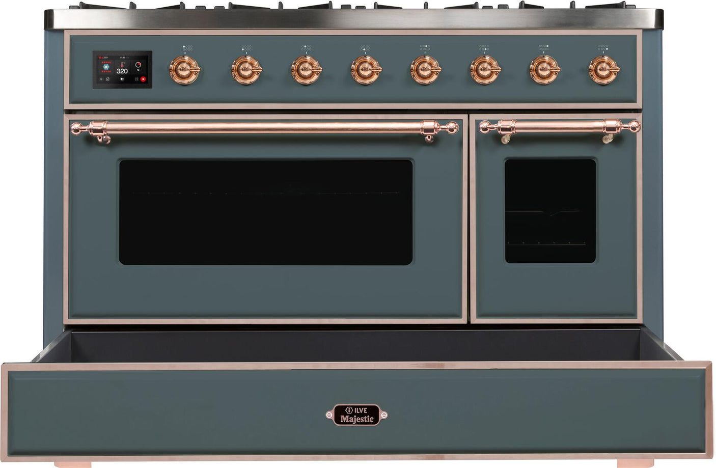 Majestic II 48 Inch Dual Fuel Liquid Propane Freestanding Range in Blue Grey with Copper Trim