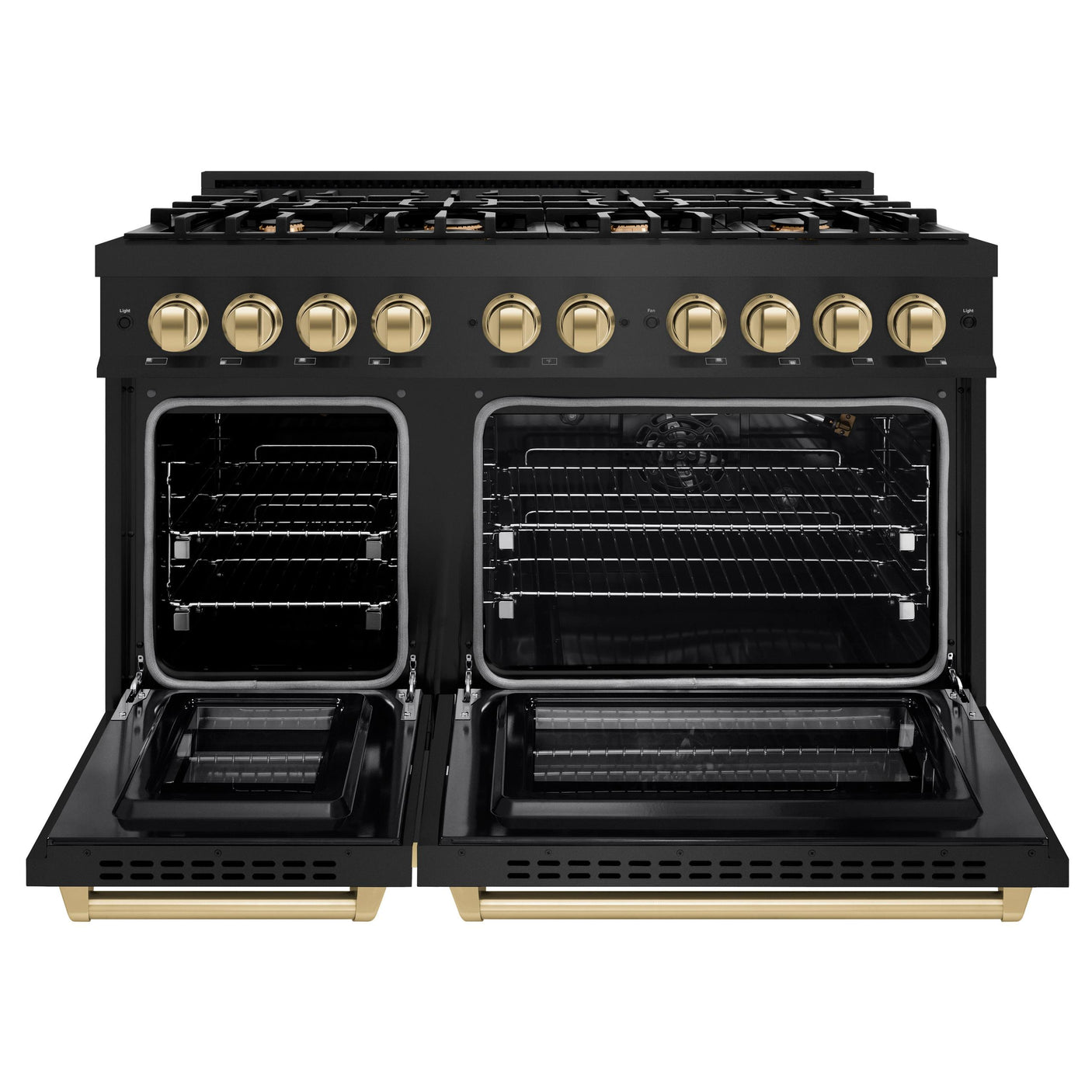 ZLINE Autograph Edition 48 in. 6.7 cu. ft. Select Double Oven Gas Range with 8 Burner Cooktop in Black Stainless Steel and Champagne Bronze Accents (HGRBZ-48-CB)