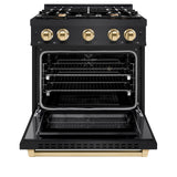 ZLINE Autograph Edition 30 in. 4.2 cu. ft. Select Dual Fuel Range with 4 Burner Gas Cooktop and Electric Convection Oven in Black Stainless Steel with Polished Gold Accents (HDRBZ-30-G)