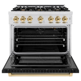 ZLINE Autograph Edition 36 in. 5.2 cu. ft. Select Gas Range with 6 Burner Cooktop and Convection Gas Oven in DuraSnow' Stainless Steel with Black Matte Door and Polished Gold Accents (HGRSZ-BLM-36-G)