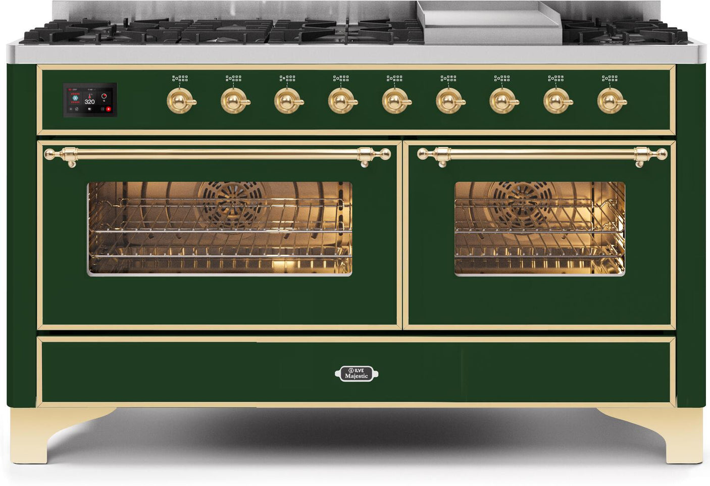 Majestic II 60 Inch Dual Fuel Natural Gas Freestanding Range in Emerald Green with Brass Trim