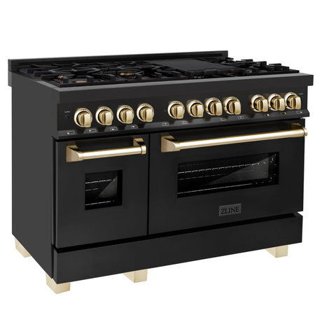 ZLINE Autograph Edition 48" 6.0 cu. ft. Dual Fuel Range with Gas Stove and Electric Oven in Black Stainless Steel with Accents (RABZ-48) [Color: Gold]