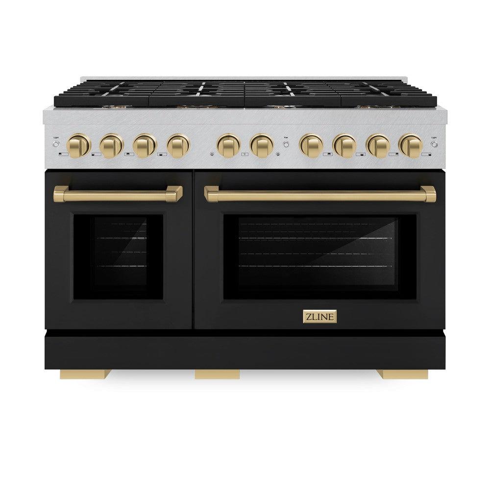 ZLINE Autograph Edition 48 in. 6.7 cu. ft. Paramount Double Oven Dual Fuel Range with 8 Burner Gas Cooktop in DuraSnow' Stainless Steel with Black Matte Door and Champagne Bronze Accents (SDRSZ-BLM-48-CB)