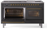 Nostalgie II 60 Inch Dual Fuel Natural Gas Freestanding Range in Matte Graphite with Brass Trim