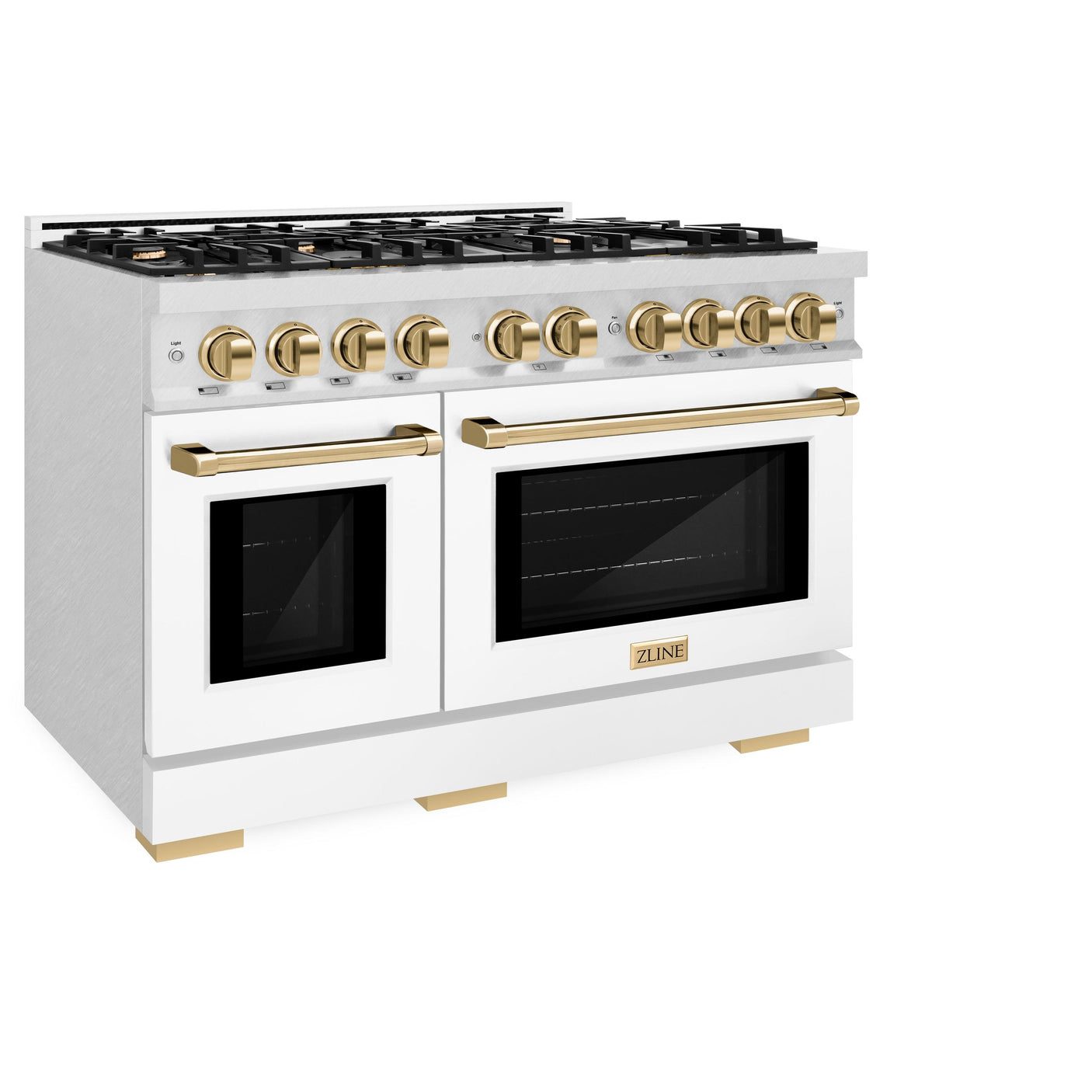 ZLINE Autograph Edition 48 in. 6.7 cu. ft. Select Double Oven Gas Range with 8 Burner Cooktop in DuraSnow' Stainless Steel with White Matte Doors and Polished Gold Accents (HGRSZ-WM-48-G)