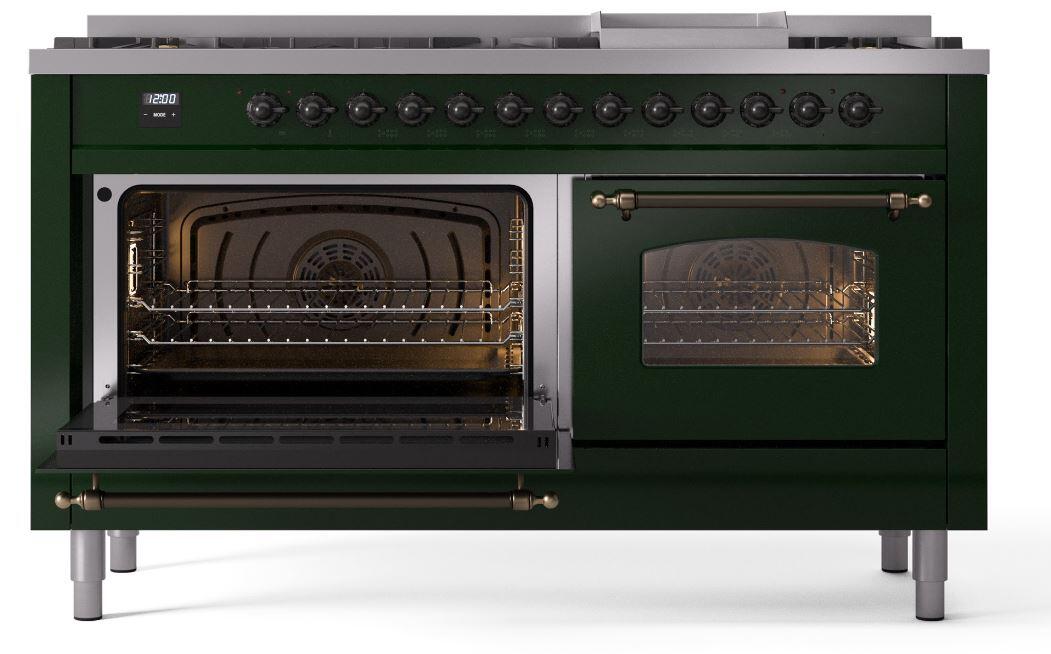 Nostalgie II 60 Inch Dual Fuel Natural Gas Freestanding Range in Emerald Green with Bronze Trim