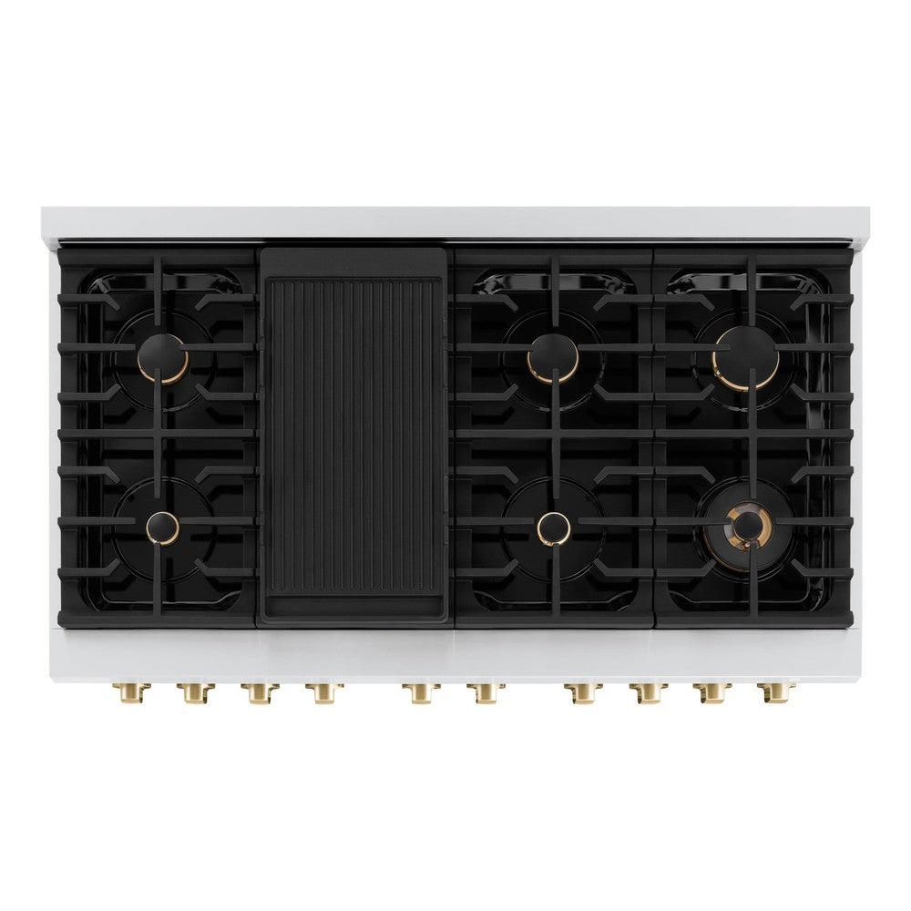 ZLINE Autograph Edition 48 in. 6.7 cu. ft. Paramount Double Oven Dual Fuel Range with 8 Burner Gas Cooktop in Stainless Steel and Polished Gold Accents (SDRZ-48-G)