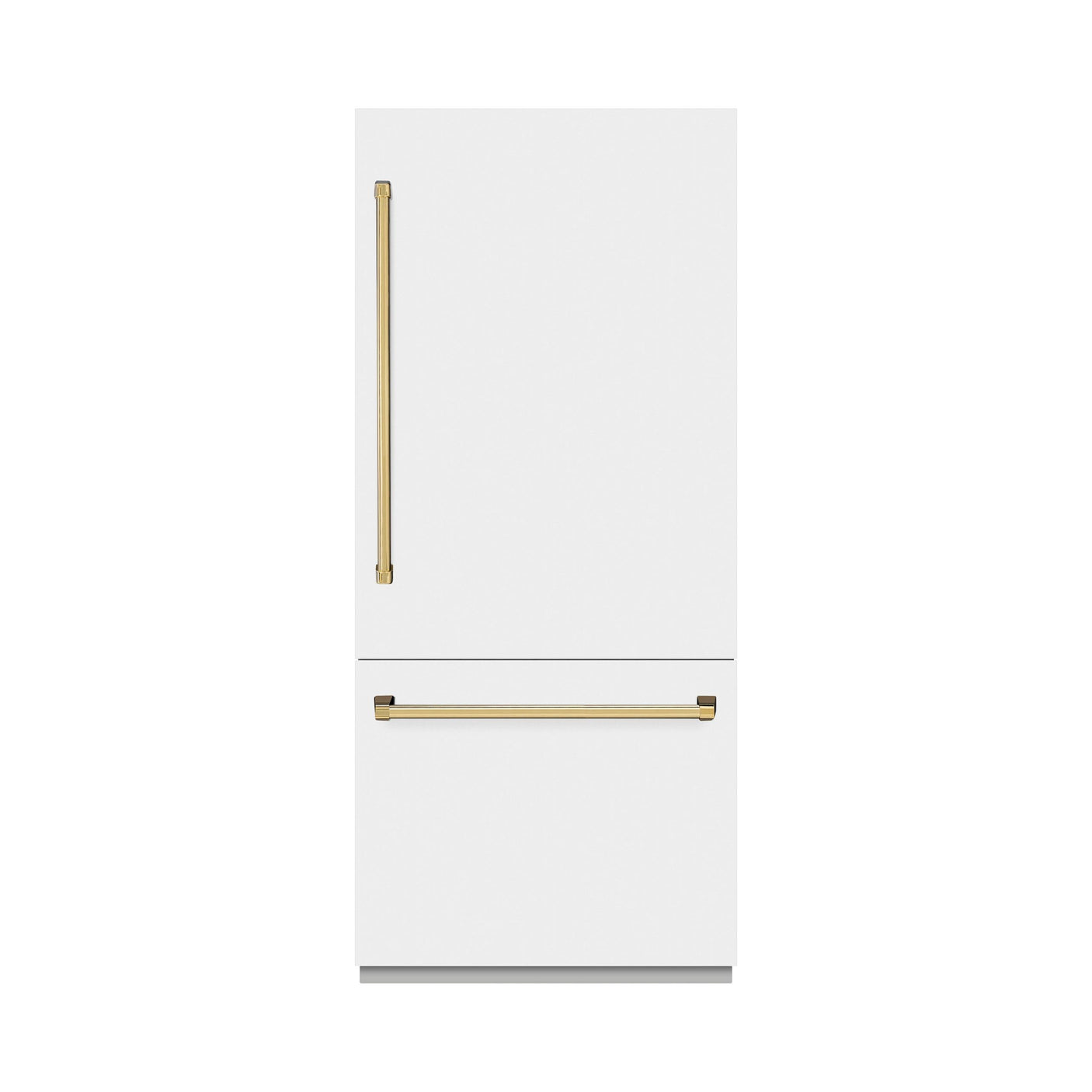 ZLINE Autograph Edition 36 in. 19.8 cu. ft. Built-In Bottom Freezer Refrigerator with Water Dispenser and Ice Maker in White Matte and Polished Gold Accents (RBITZ-WM-36-G)