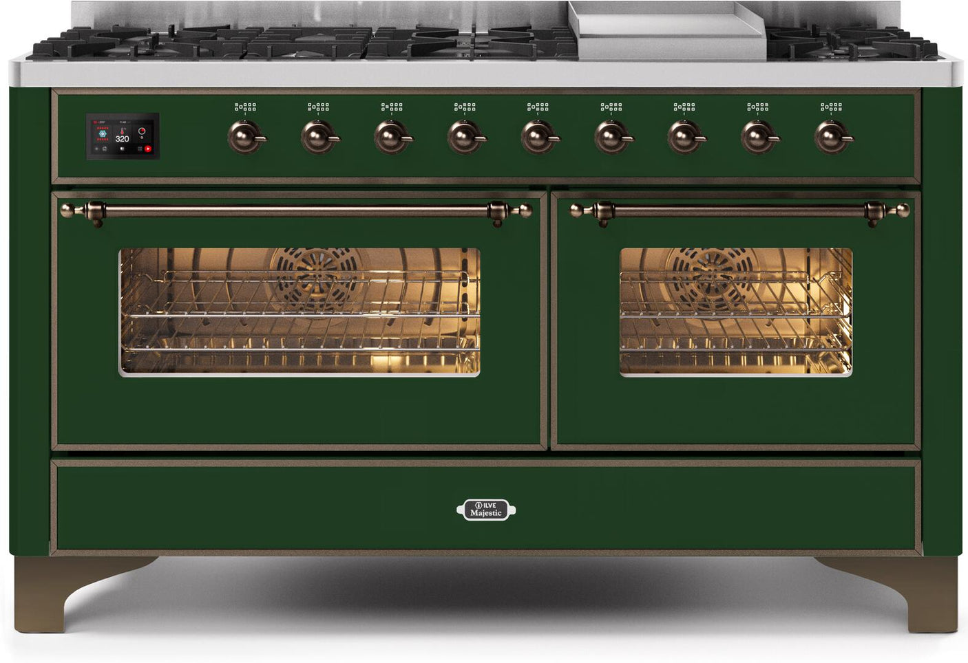 Majestic II 60 Inch Dual Fuel Natural Gas Freestanding Range in Emerald Green with Bronze Trim