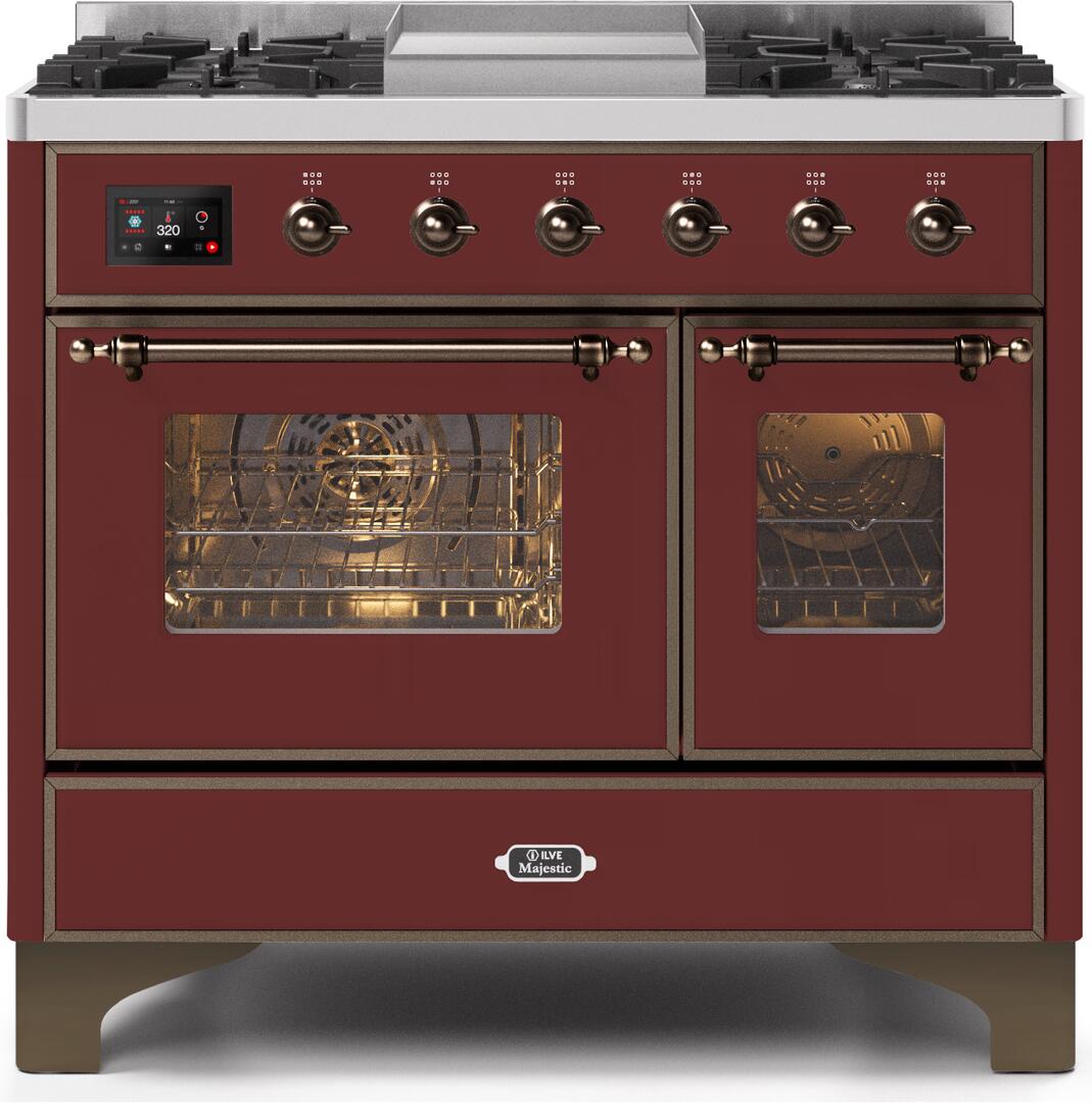 Majestic II 40 Inch Dual Fuel Natural Gas Freestanding Range in Burgundy with Bronze Trim