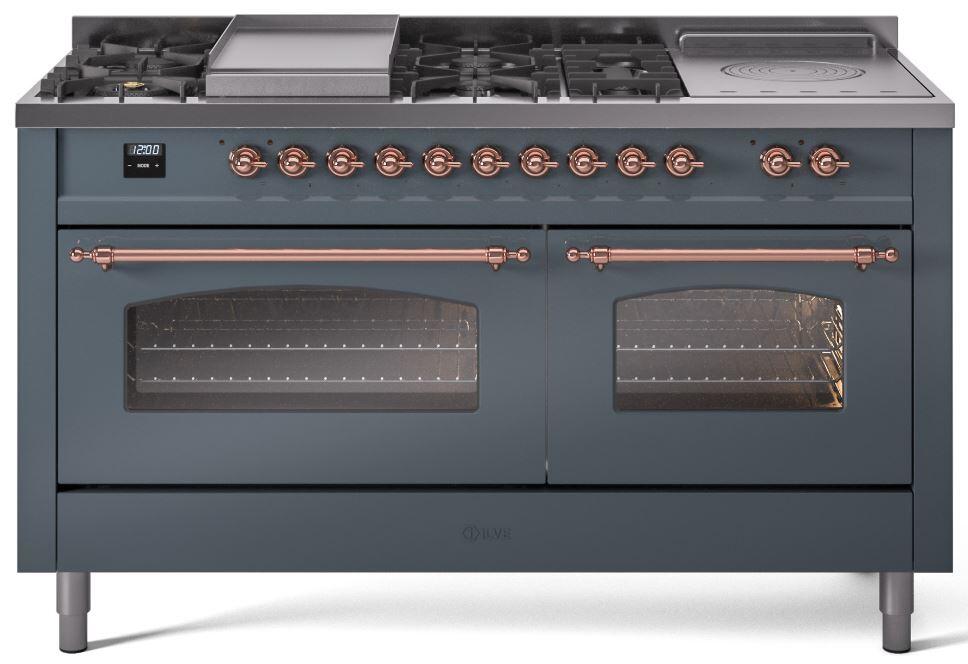 Nostalgie II 60 Inch Dual Fuel Natural Gas Freestanding Range in Blue Grey with Copper Trim