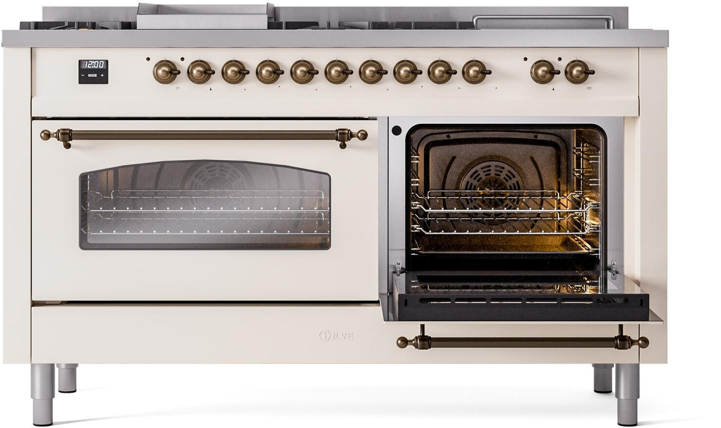 Nostalgie II 60 Inch Dual Fuel Natural Gas Freestanding Range in Antique White with Bronze Trim