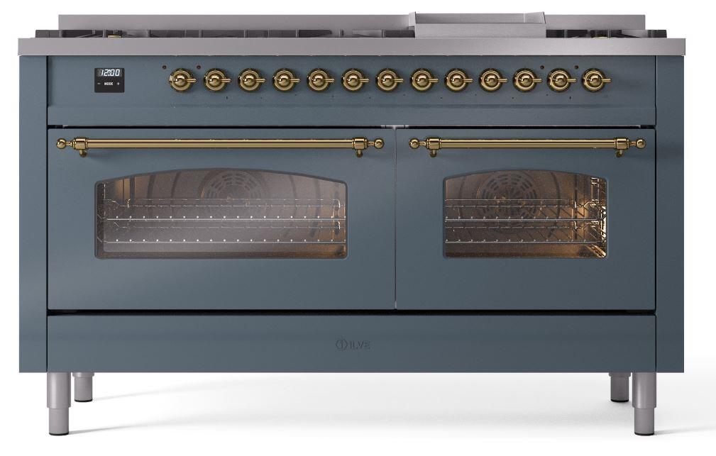 Nostalgie II 60 Inch Dual Fuel Natural Gas Freestanding Range in Blue Grey with Brass Trim