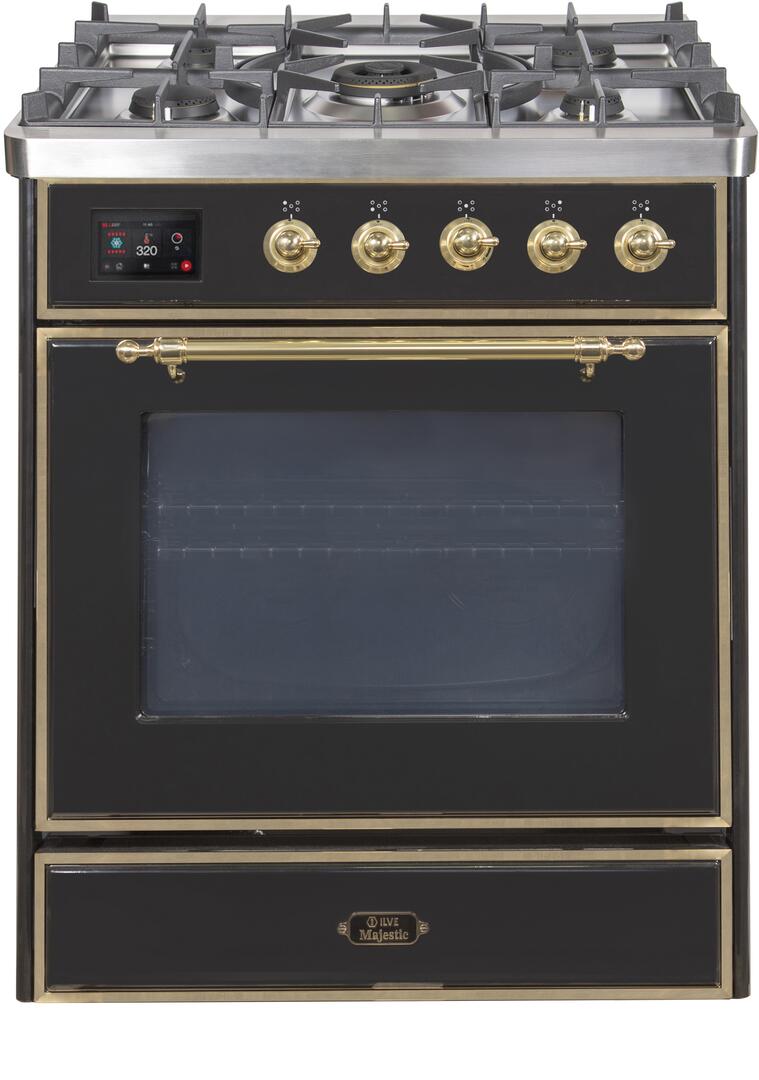 Majestic II 30 Inch Dual Fuel Liquid Propane Freestanding Range in Glossy Black with Brass Trim