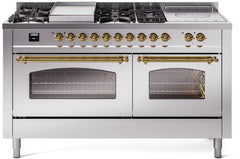 Nostalgie II 60 Inch Dual Fuel Liquid Propane Freestanding Range in Stainless Steel with Brass Trim