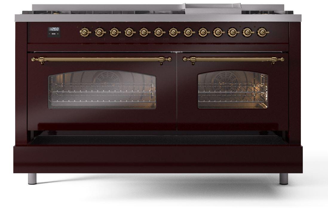 Nostalgie II 60 Inch Dual Fuel Liquid Propane Freestanding Range in Burgundy with Brass Trim