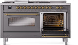 Nostalgie II 60 Inch Dual Fuel Natural Gas Freestanding Range in Matte Graphite with Brass Trim