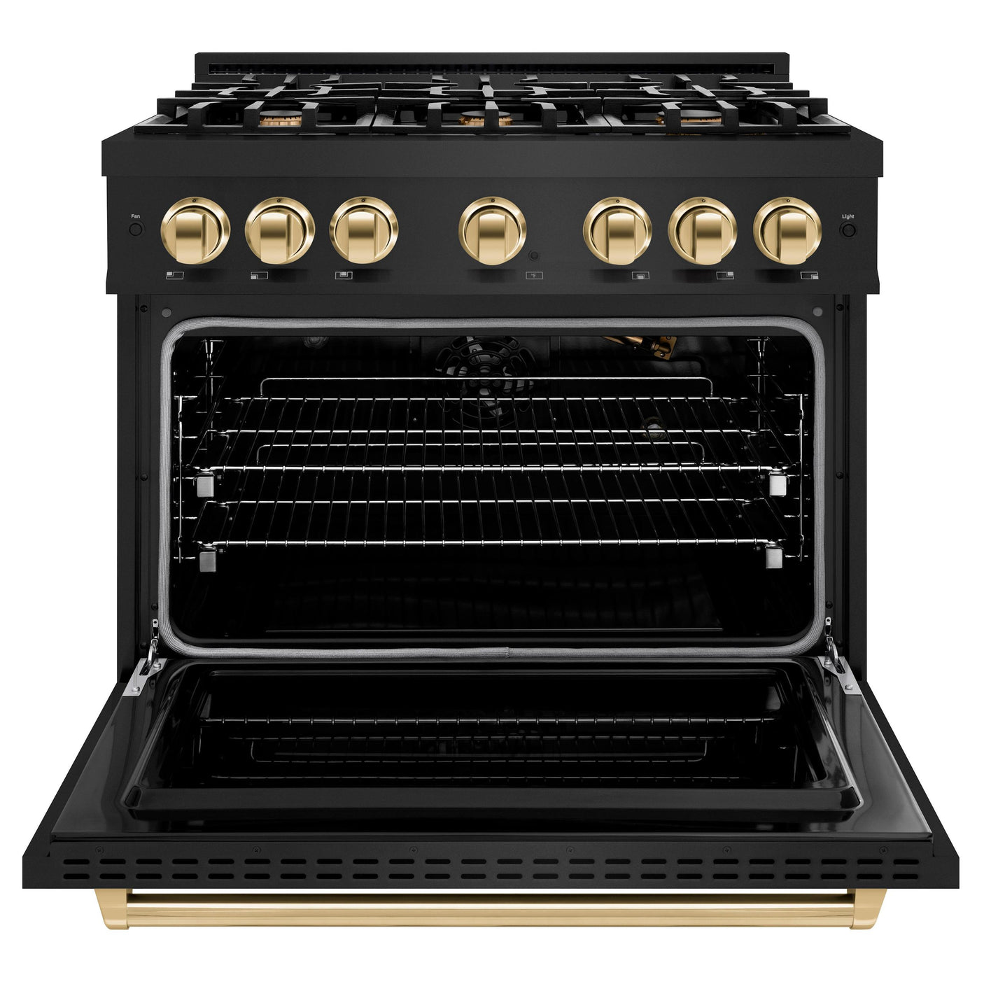 ZLINE Autograph Edition 36 in. 5.2 cu. ft. Classic Gas Range with 6 Burner Cooktop and Convection Gas Oven in Black Stainless Steel and Polished Gold Accents (CGRBZ-36-G)