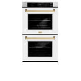 ZLINE 30 in. Autograph Edition Professional True Convection Double Wall Oven with Air Fry and Self Clean in DuraSnow' Stainless Steel with White Matte Doors and Champagne Bronze Handles (WADSZ-WM-30-CB)