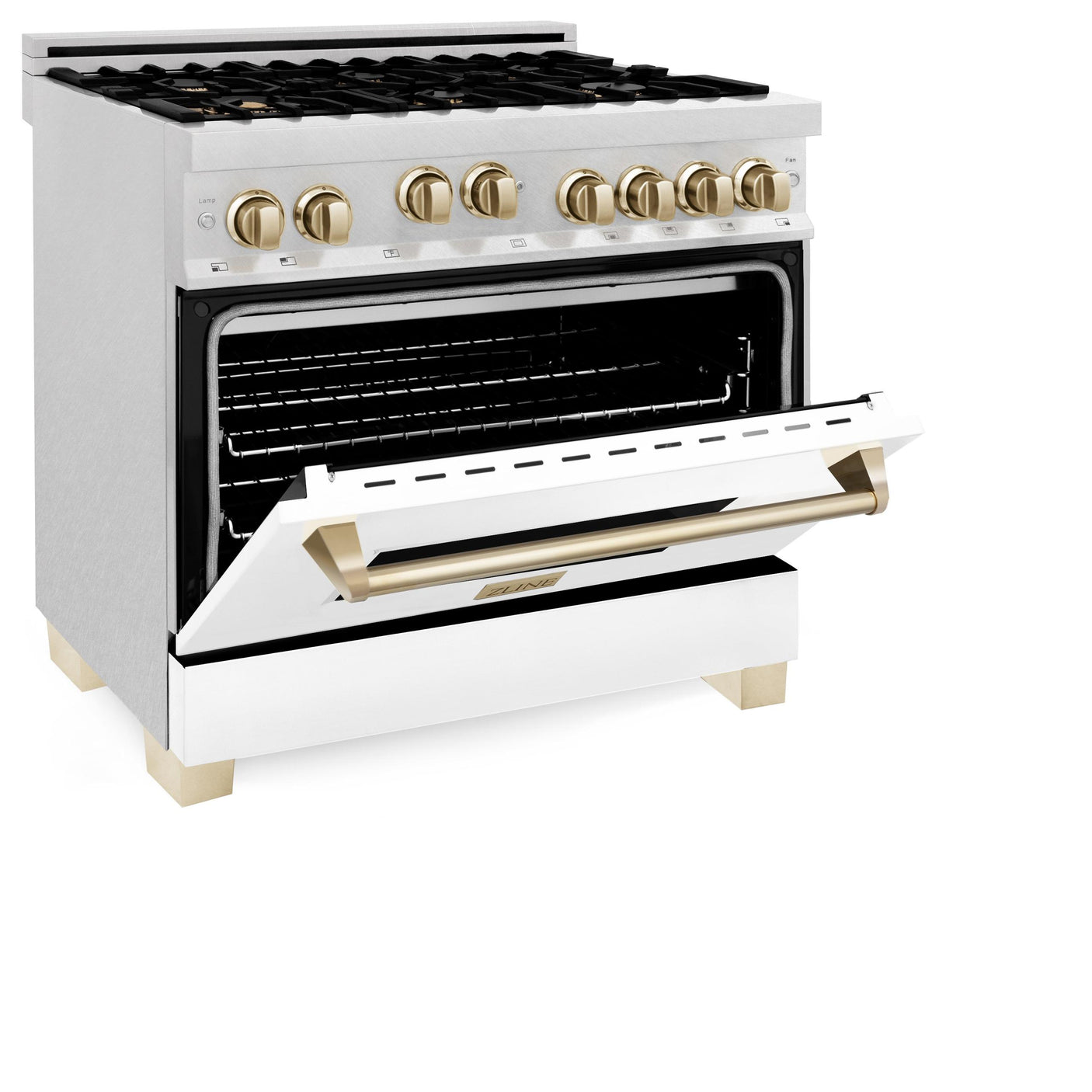 ZLINE 36" 4.6 cu. ft. Range with Gas Stove and Gas Oven in DuraSnow® Stainless Steel with White Matte Door and Accents (RGSZ-WM-36) [Accent: Champagne Bronze]