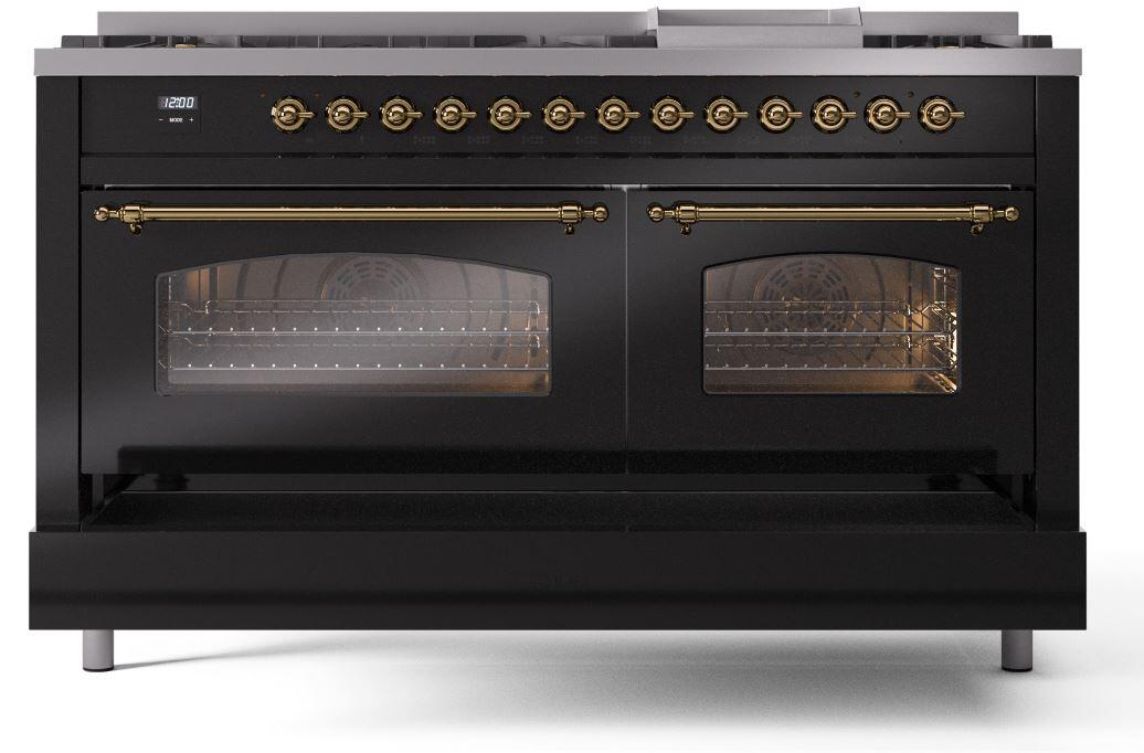 Nostalgie II 60 Inch Dual Fuel Liquid Propane Freestanding Range in Glossy Black with Brass Trim