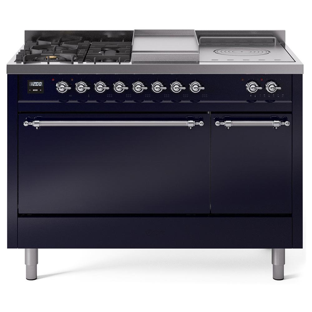 ILVE Nostalgie II 48 UP48FSQNMPMBC Freestanding Dual Fuel Range with 5 Sealed Burners Yes and French Top Double Oven with Solid Door in Midnight Blue with Chrome knobs