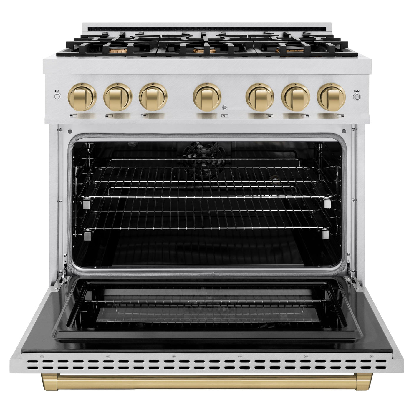 ZLINE Autograph Edition 36 in. 5.2 cu. ft. Select Dual Fuel Range with 6 Burner Gas Cooktop and Electric Convection Oven in DuraSnow' Stainless Steel with Champagne Bronze Accents (HDRSZ-36-CB)