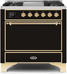 Majestic II 36 Inch Dual Fuel Natural Gas Freestanding Range in Glossy Black with Brass Trim