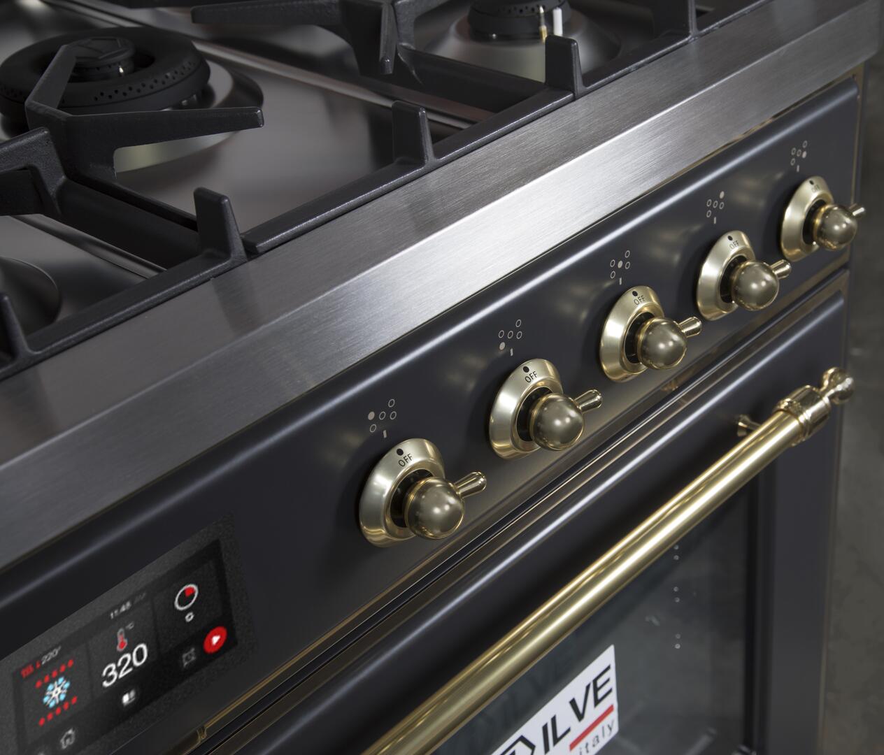 Majestic II 30 Inch Dual Fuel Liquid Propane Freestanding Range in Matte Graphite with Brass Trim