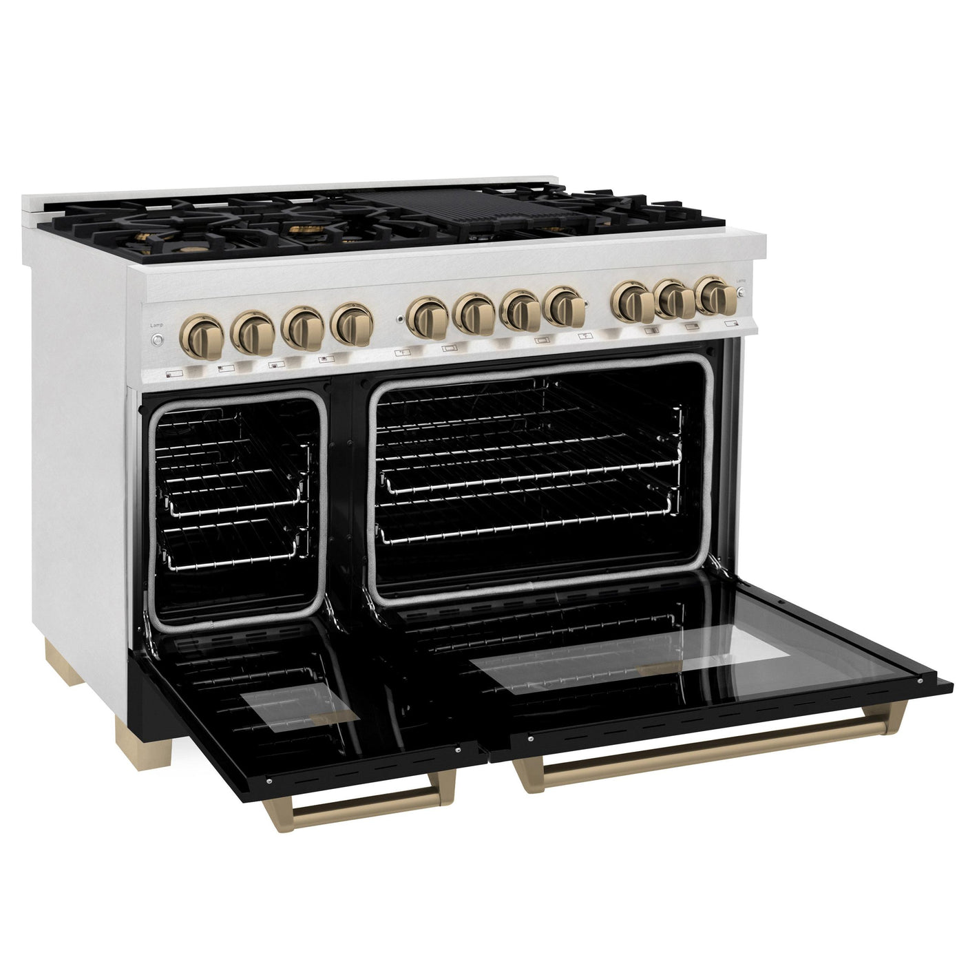 ZLINE Autograph Edition 48 in. 6.0 cu. ft. Dual Fuel Range with Gas Stove and Electric Oven in Fingerprint Resistant Stainless Steel with Black Matte Door and Champagne Bronze Accents (RASZ-BLM-48-CB)