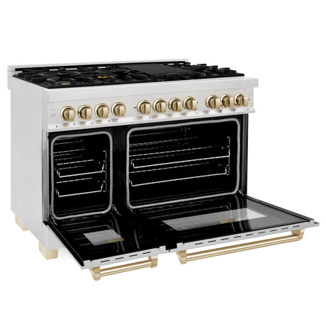 ZLINE Autograph Edition 48" 6.0 cu. ft. Dual Fuel Range with Gas Stove and Electric Oven in DuraSnow Stainless Steel (RASZ-SN-48) [Color: Gold]