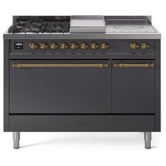 ILVE Nostalgie II 48 UP48FSQNMPMGG Freestanding Dual Fuel Range with 5 Sealed Burners Yes and French Top Double Oven with Solid Door in Graphite Matte with Brass knobs