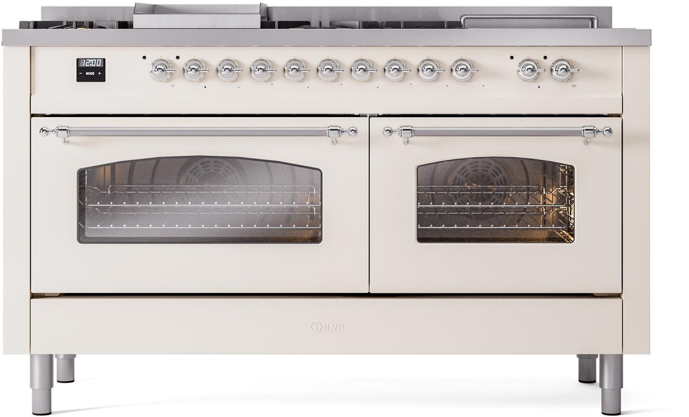 Nostalgie II 60 Inch Dual Fuel Natural Gas Freestanding Range in Antique White with Chrome Trim