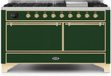 Majestic II 60 Inch Dual Fuel Natural Gas Freestanding Range in Emerald Green with Brass Trim