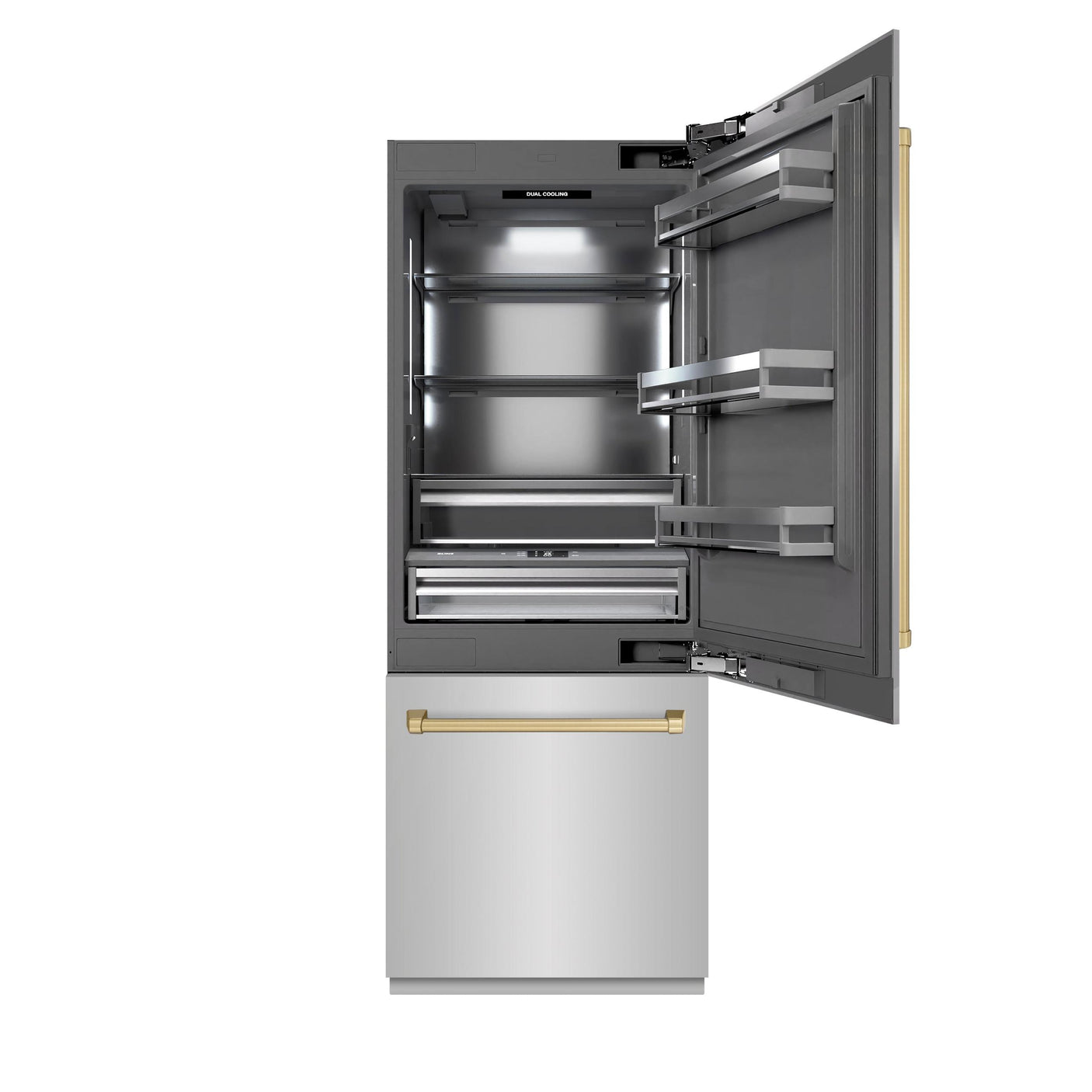 ZLINE Autograph Edition 30 in. 16.1 cu. ft. Built-In Bottom Freezer Refrigerator with Water Dispenser and Ice Maker in Stainless Steel with Graphite Gray Interior and Champagne Bronze Accents (GRBIVZ-304-30CB)