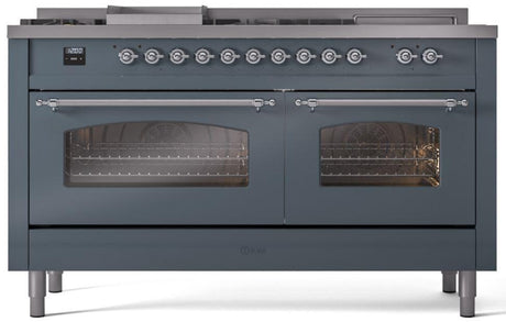 Nostalgie II 60 Inch Dual Fuel Liquid Propane Freestanding Range in Blue Grey with Chrome Trim