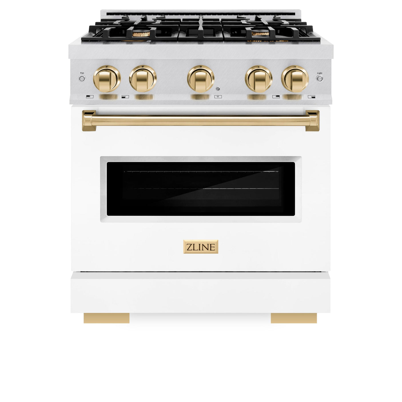 ZLINE Autograph Edition 30 in. 4.2 cu. ft. Classic Dual Fuel Range with 4 Burner Gas Cooktop and Electric Convection Oven in DuraSnow' Stainless Steel with White Matte Door and Polished Gold Accents (CDRSZ-WM-30-G)