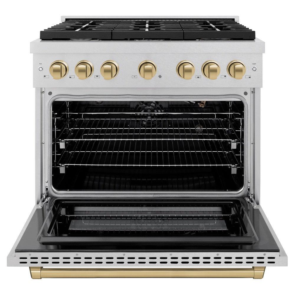 ZLINE Autograph Edition 36 in. 5.2 cu. ft. Paramount Dual Fuel Range with 6 Burner Gas Cooktop and Electric Convection Oven in DuraSnow' Stainless Steel with Champagne Bronze Accents (SDRSZ-36-CB)