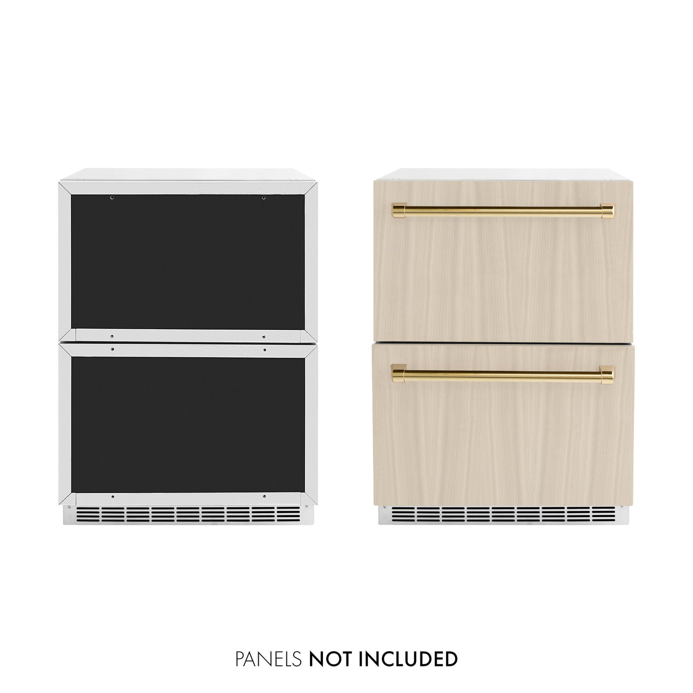 ZLINE Autograph Edition 24 in. Touchstone 168 Can Outdoor-Rated Dual Refrigerator Drawer with Panel-Ready Doors and Polished Gold Handles (RDSPOZ-24-G)