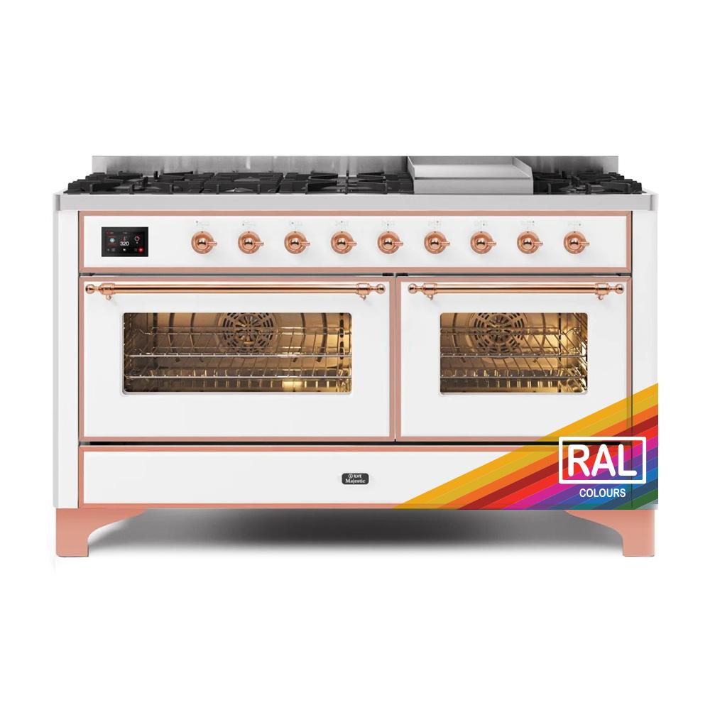 ILVE Majestic II 60 UM15FDNS3RAP Freestanding Dual Fuel Range with 9 Sealed Burners Yes Double Oven with Triple Glass Door in RAL Color with Copper knobs