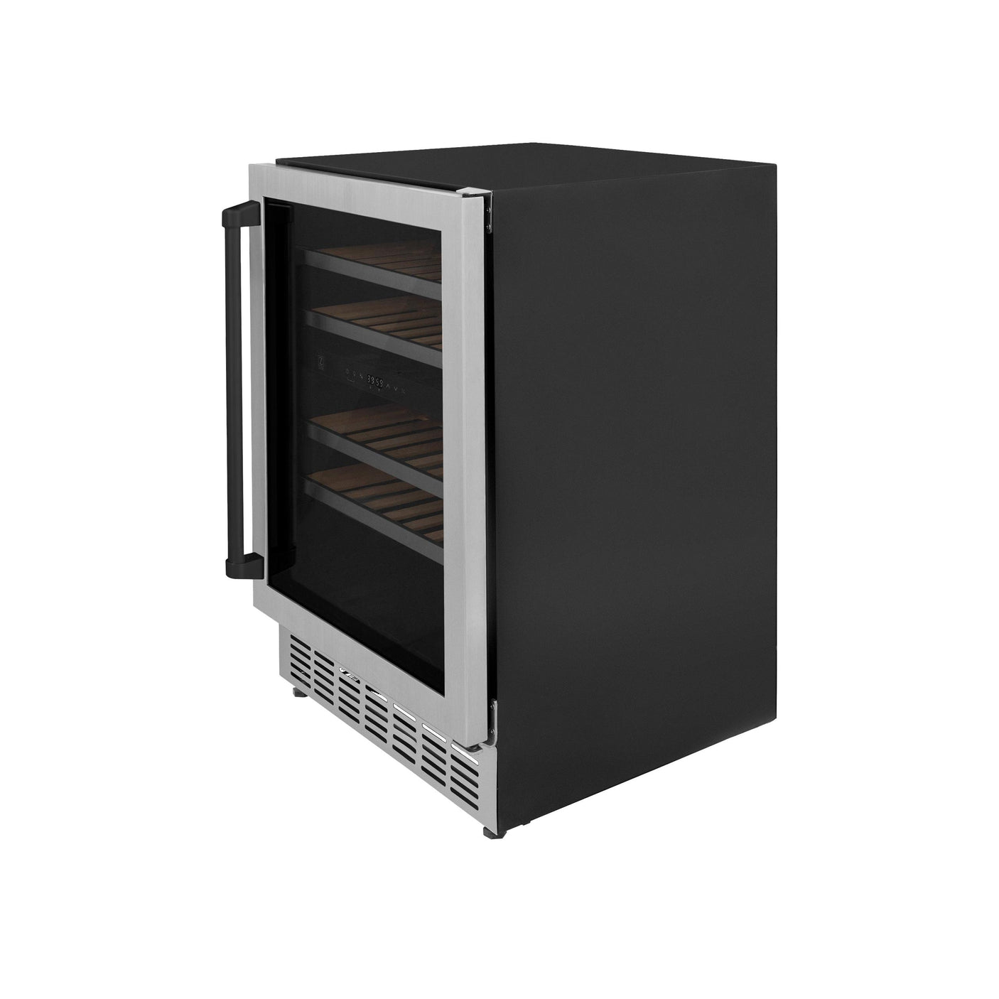 ZLINE 24" Autograph Edition Dual Zone 44-Bottle Wine Cooler in Stainless Steel with Wood Shelf and Matte Black Accents (RWVZ-UD-24-MB)