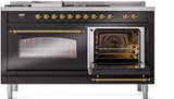 Nostalgie II 60 Inch Dual Fuel Natural Gas Freestanding Range in Glossy Black with Brass Trim