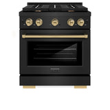 ZLINE Autograph Edition 30 in. 4.2 cu. ft. Paramount Dual Fuel Range with 4 Burner Gas Cooktop and Electric Convection Oven in Black Stainless Steel with Champagne Bronze Accents (SDRBZ-30-CB)